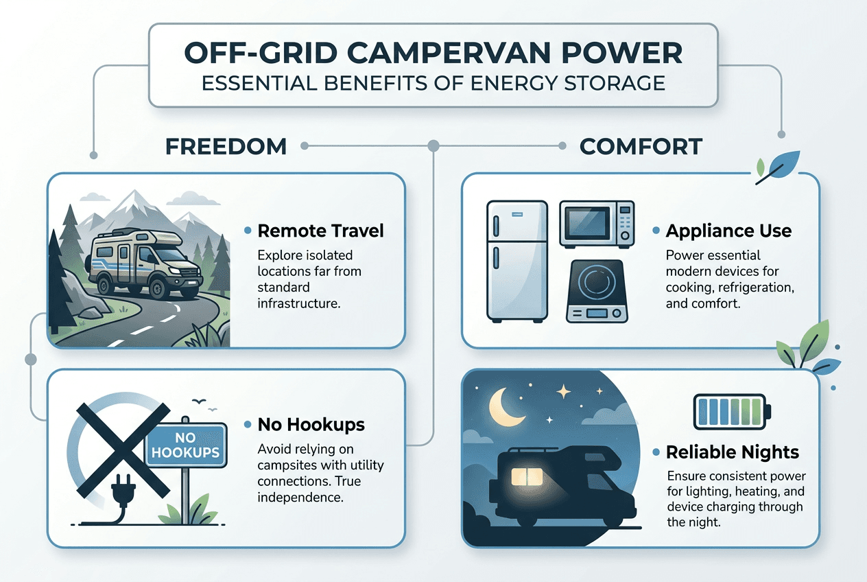 Infographic on campervan energy storage benefits