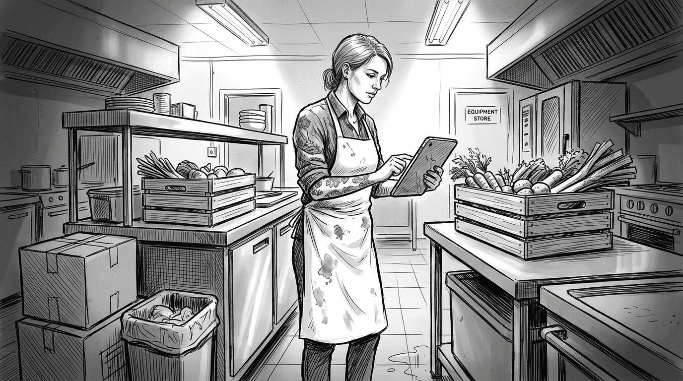 Staff updating inventory on kitchen tablet