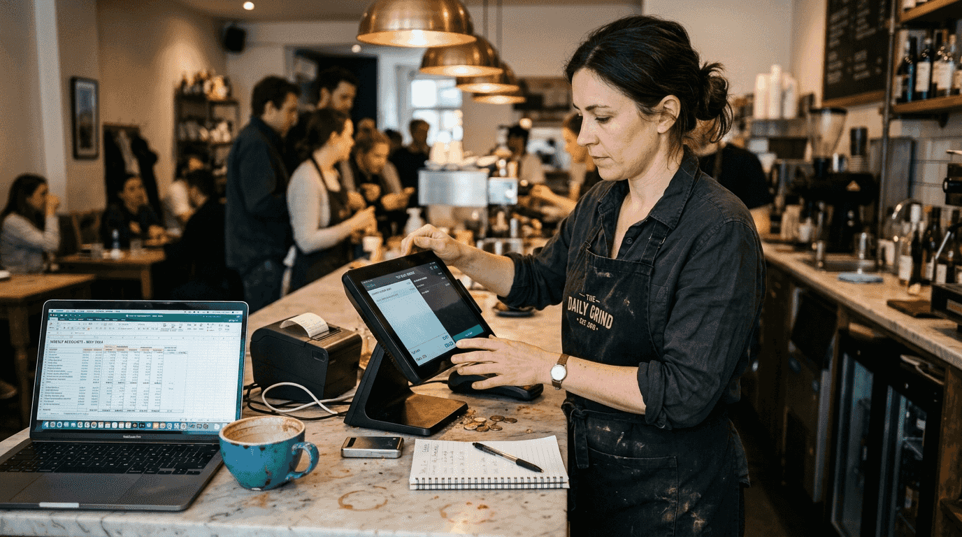 Cafe manager setting up fixed POS terminal