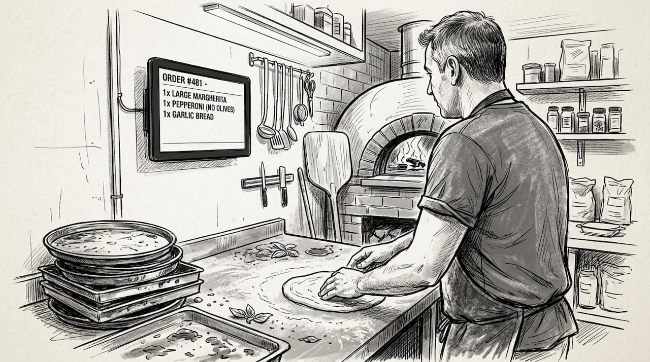 Pizza cook referencing kitchen POS display