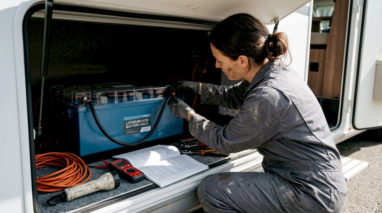 Technician installs lithium battery in motorhome