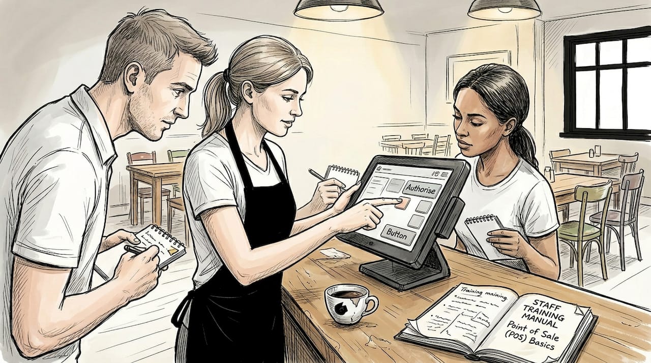 Restaurant staff practicing with POS terminal