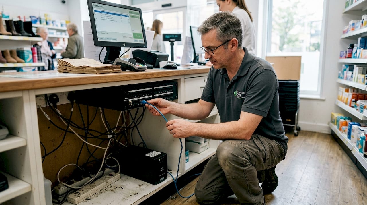 Technician installing Ethernet for POS checkout