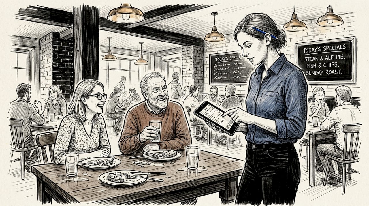 Server using mobile POS at restaurant table
