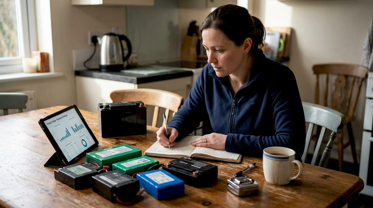 Woman comparing lithium and lead-acid batteries