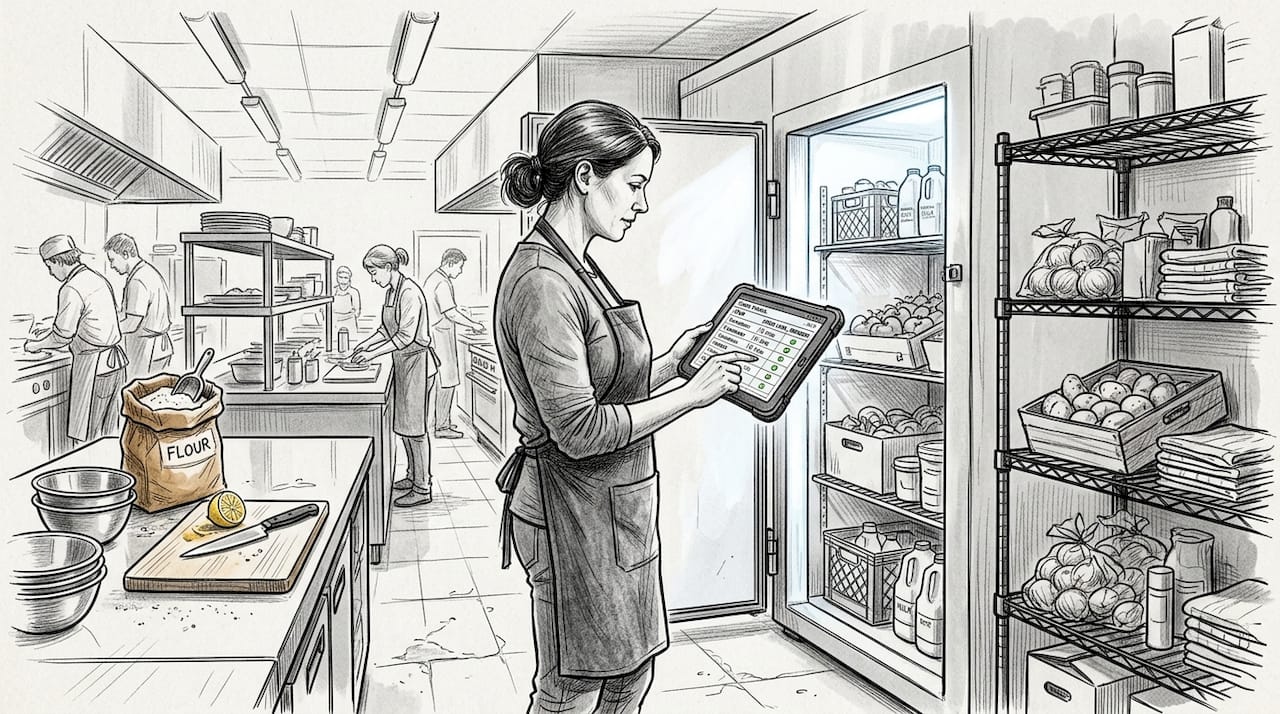 Staff using tablet for kitchen inventory check