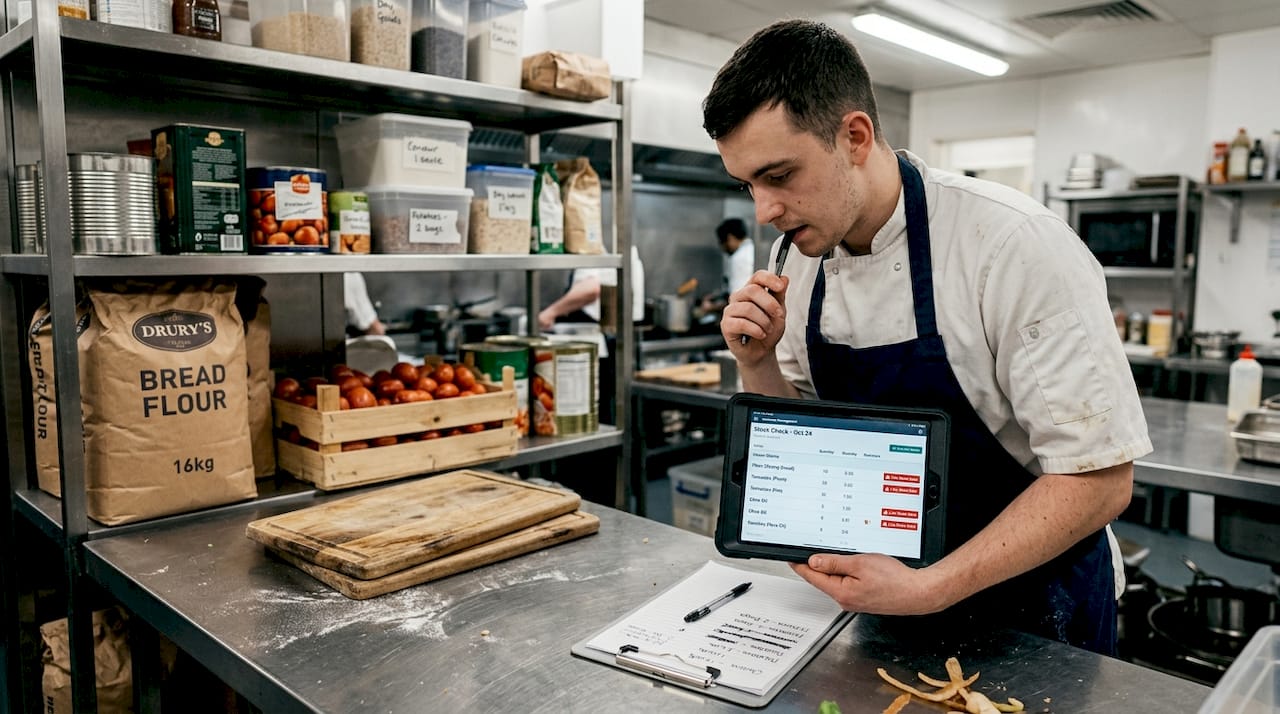 Kitchen staff using tablet for inventory tracking