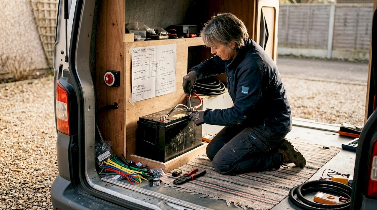 Woman installing campervan battery storage