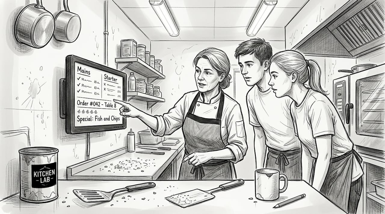 Kitchen team reviewing orders on screen