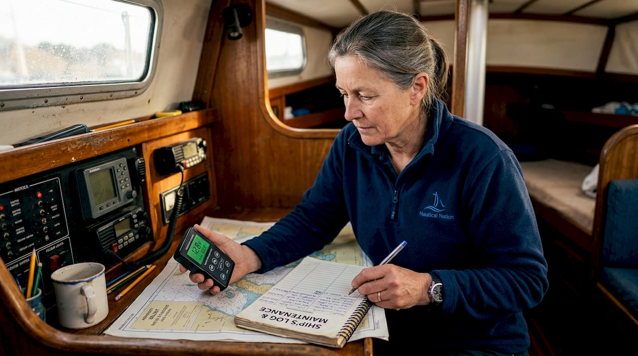 Boater checking battery monitor inside cabin