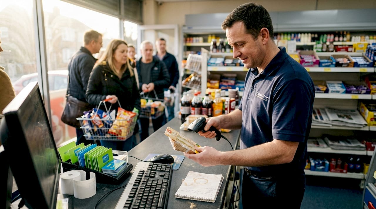 Store assistant scanning items with barcode scanner