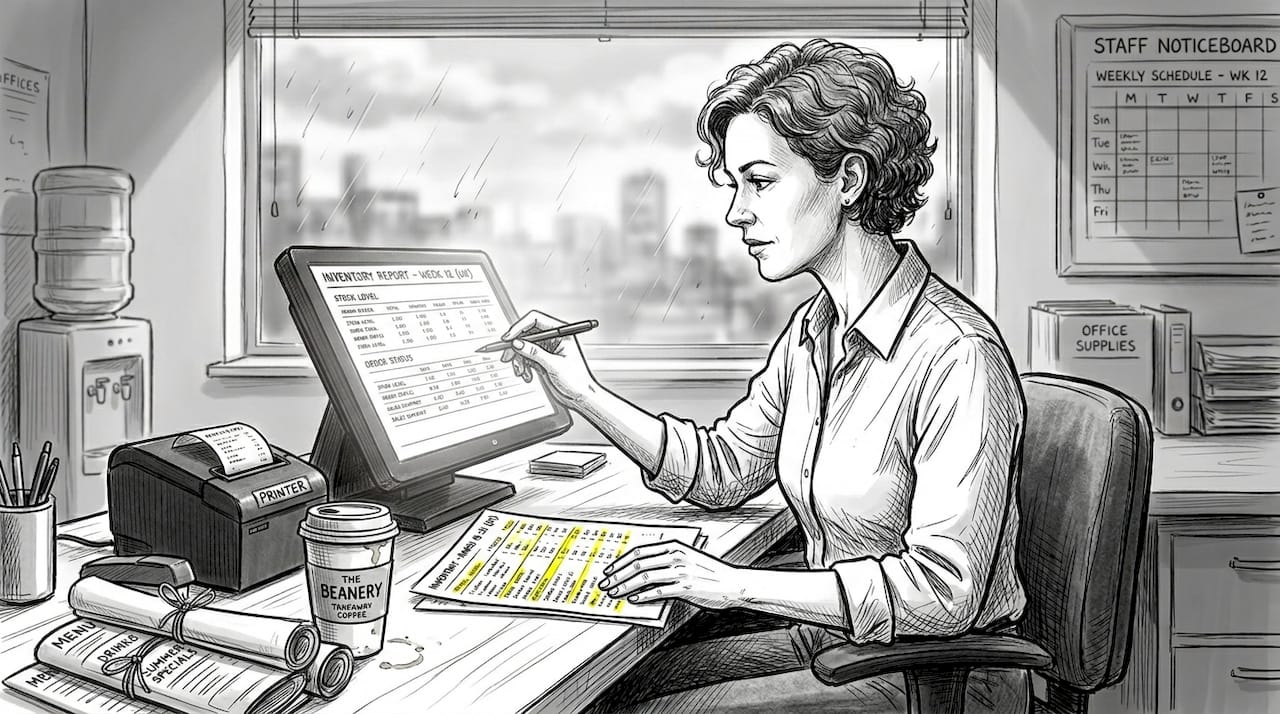 Supervisor checking reports on POS terminal