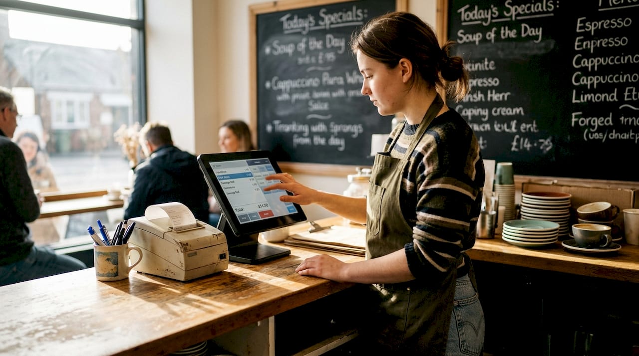 Barista using POS terminal at café