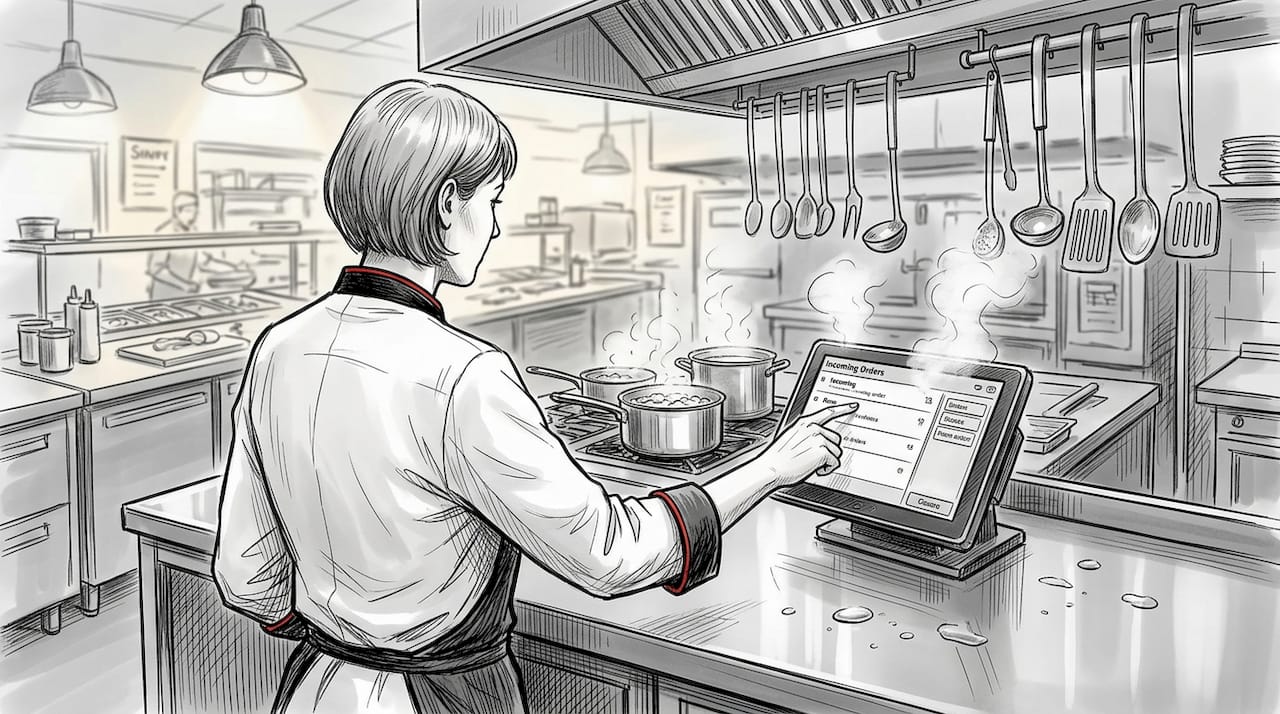 Chef interacting with touchscreen order display