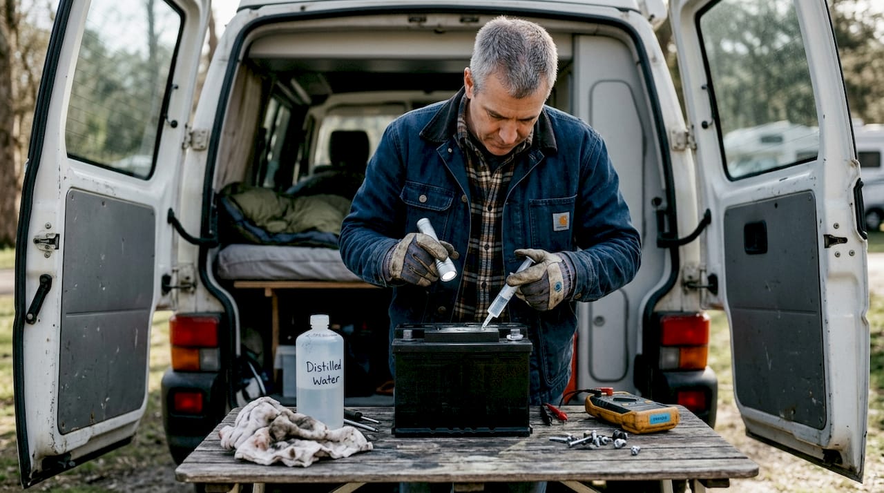 Person maintaining flooded lead acid battery outdoors