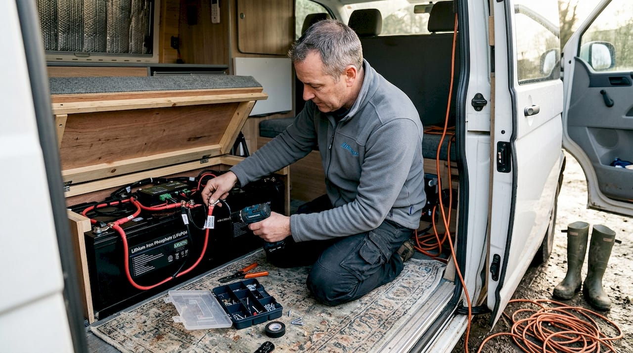Technician working on campervan lithium battery