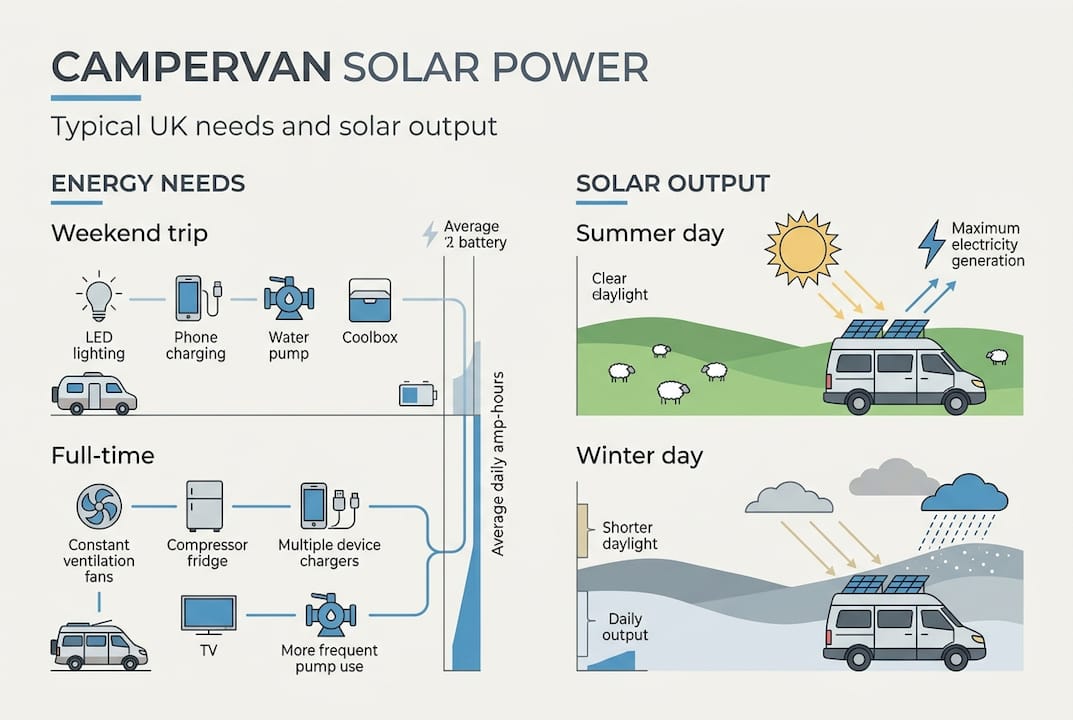 Infographic summarizing UK campervan solar needs and output