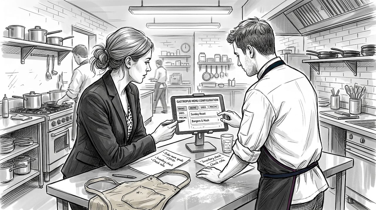 Staff collaboratively setting up cloud POS on tablet