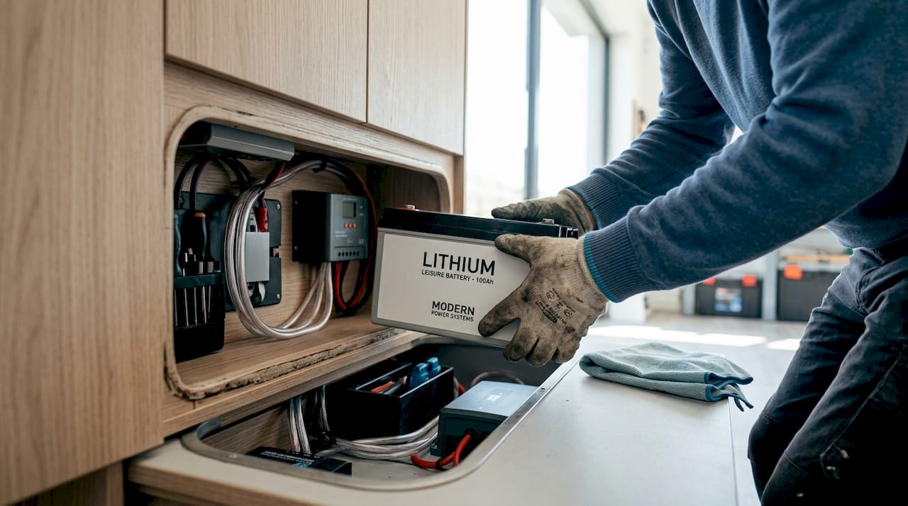 Hands installing lithium battery in campervan