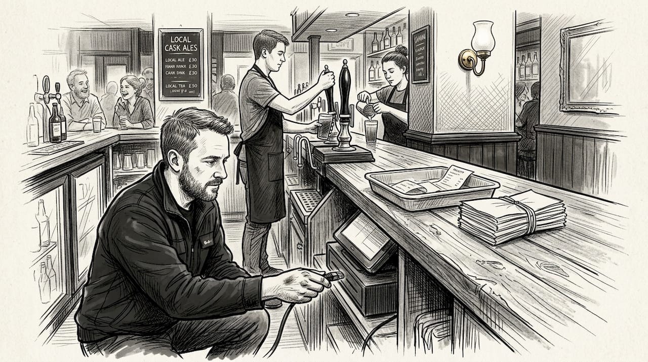 IT technician fixing POS at pub counter