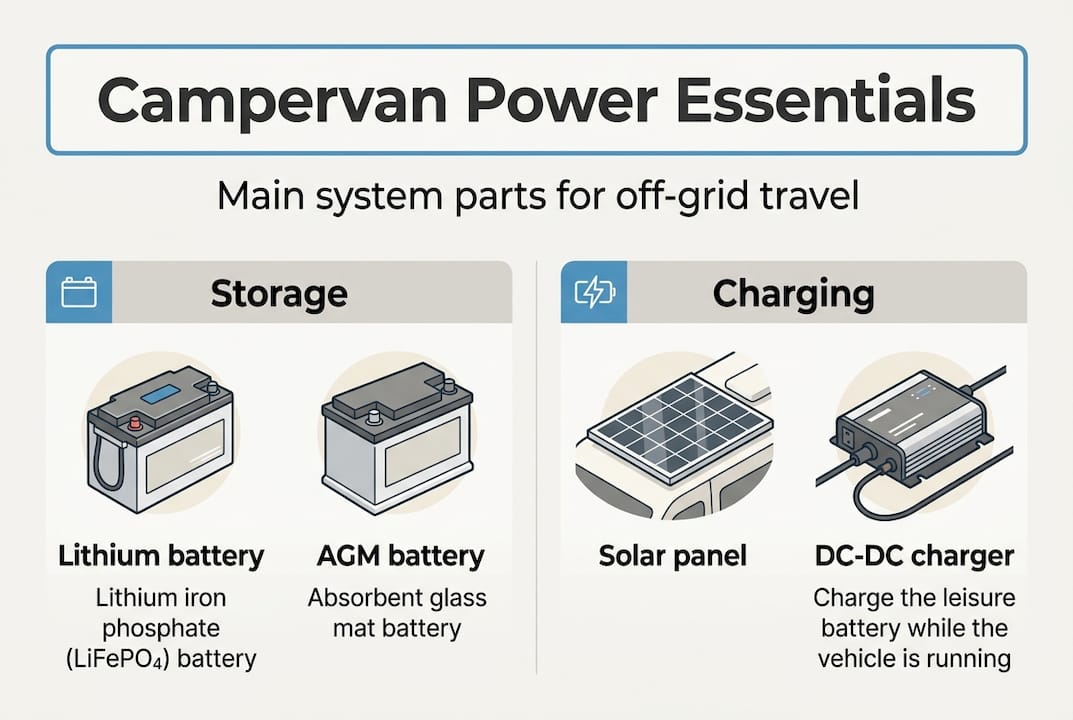 Infographic showing campervan power system essentials
