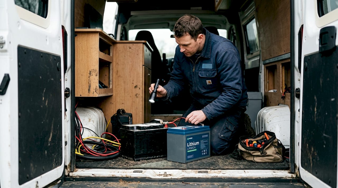 Technician comparing lithium and AGM batteries