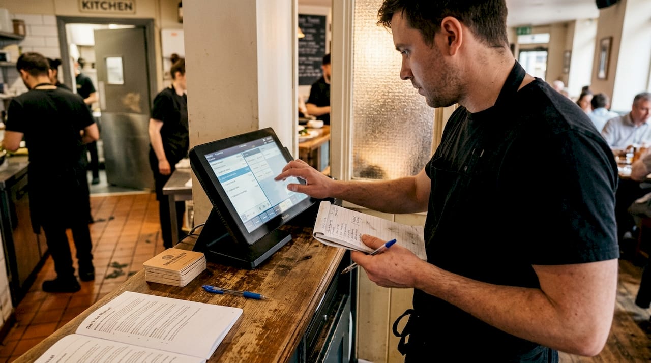 Waiter entering orders into integrated POS