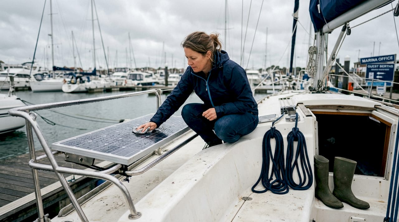 Woman cleaning solar panel on sailboat deck