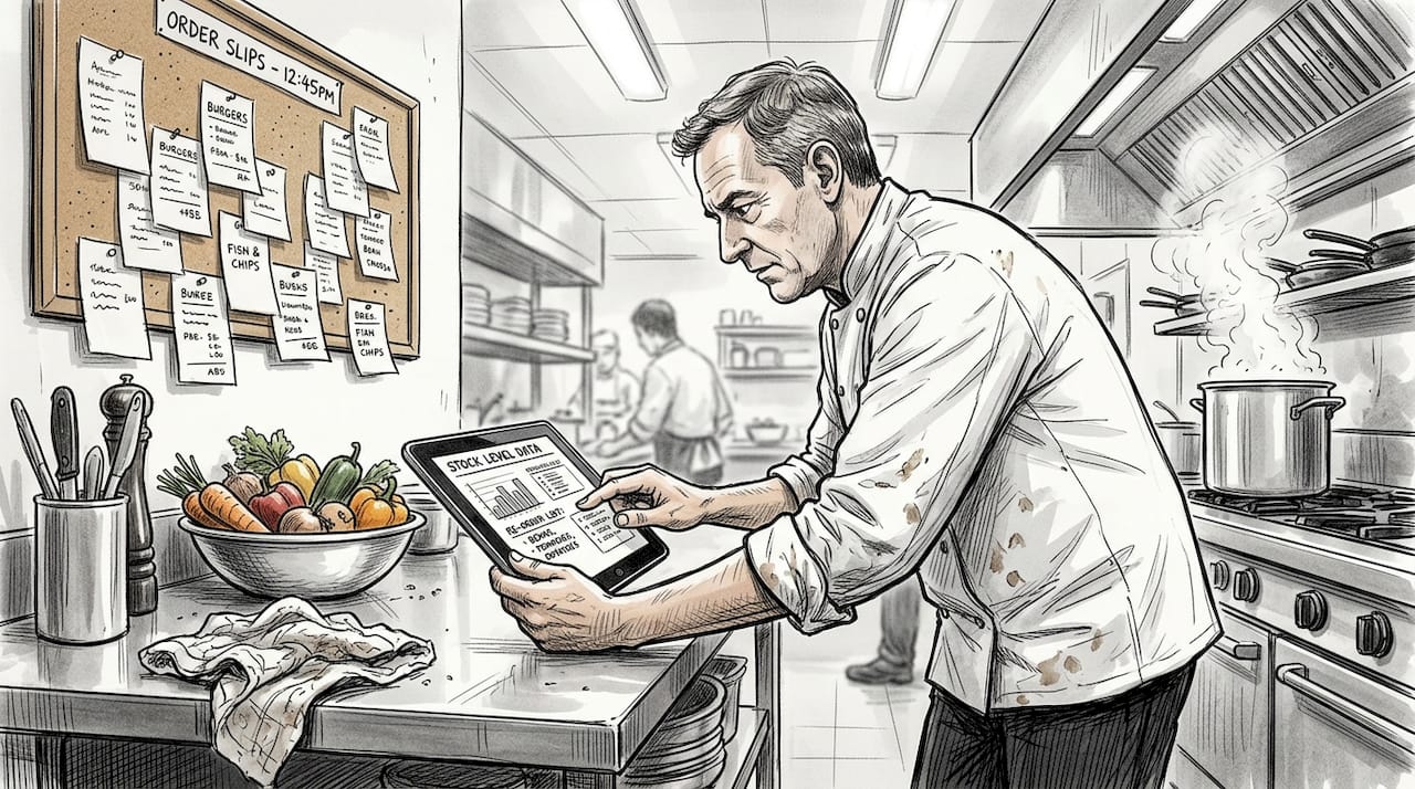 Chef reviewing analytics on kitchen POS device
