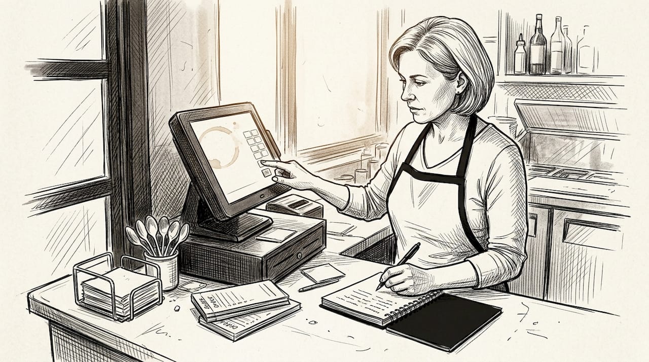 Manager using POS system and taking notes