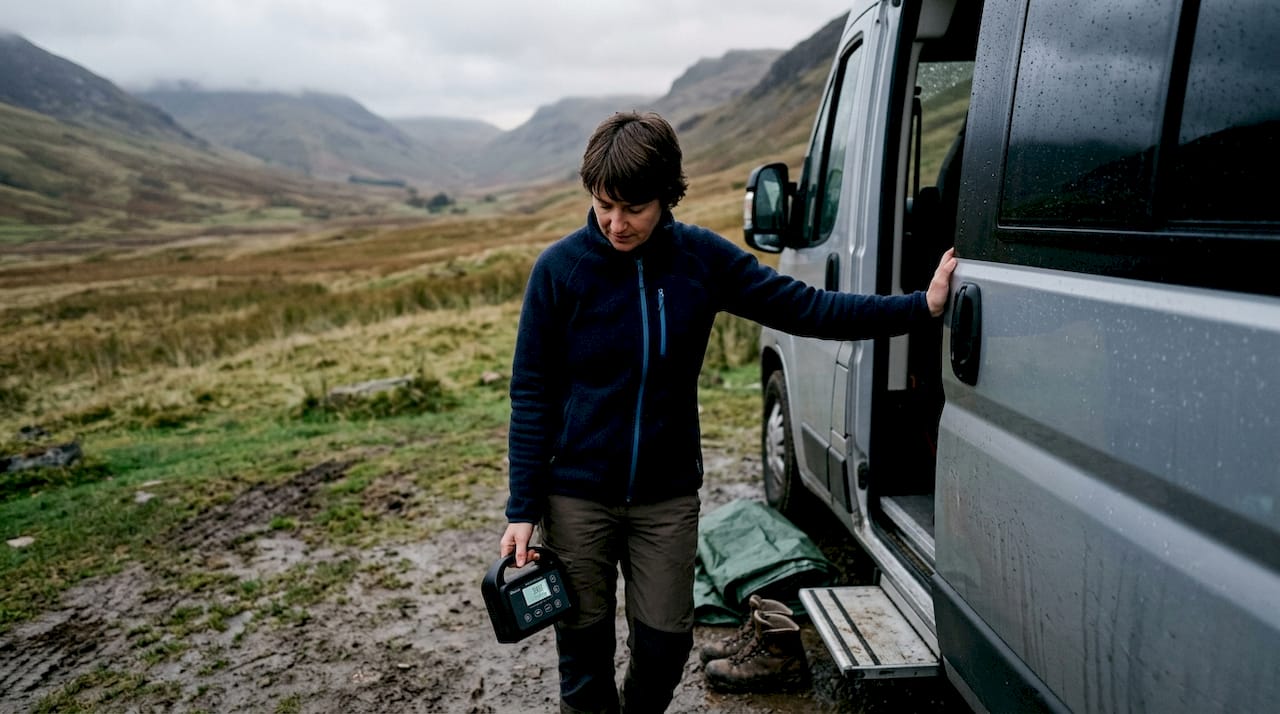 Woman checking battery outside leisure vehicle