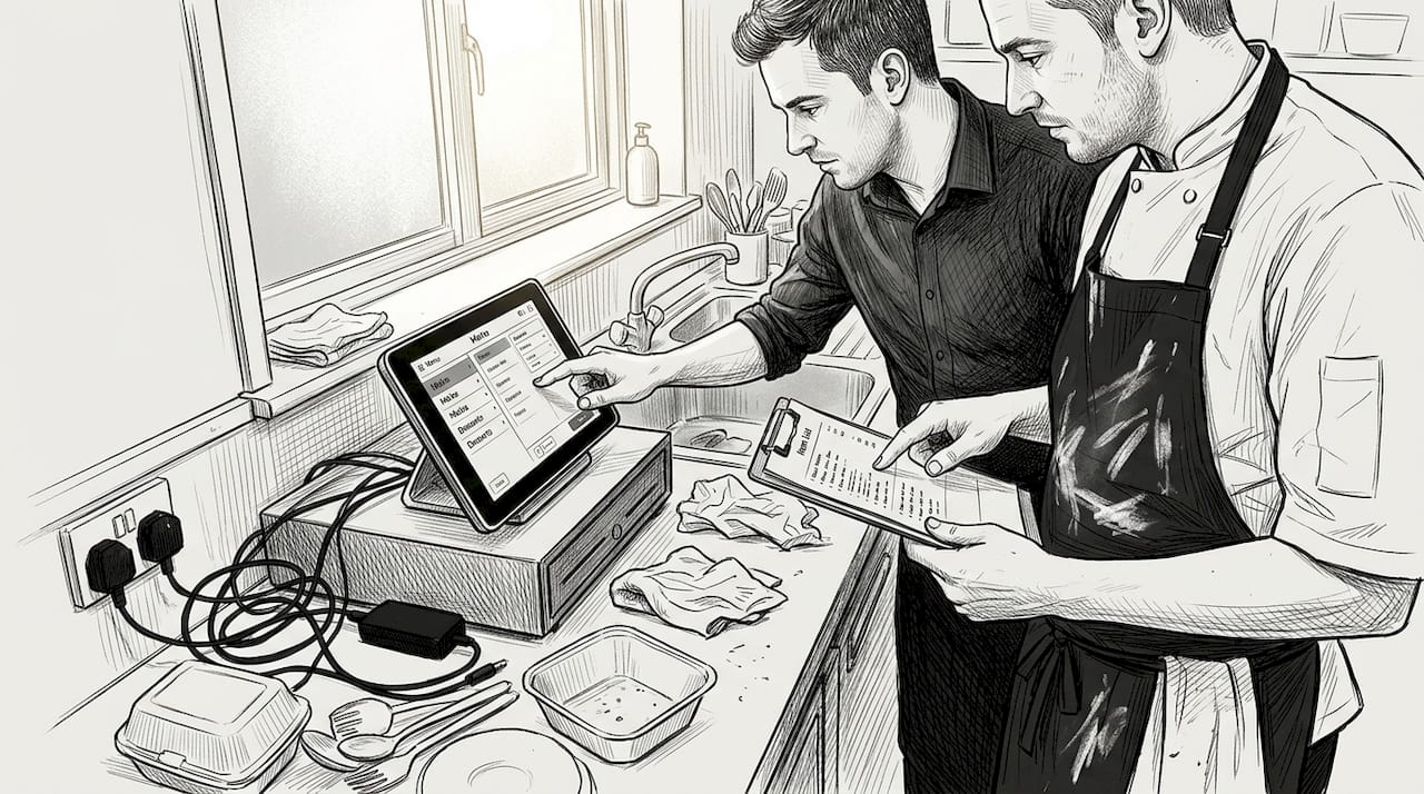 Staff configuring new POS system together