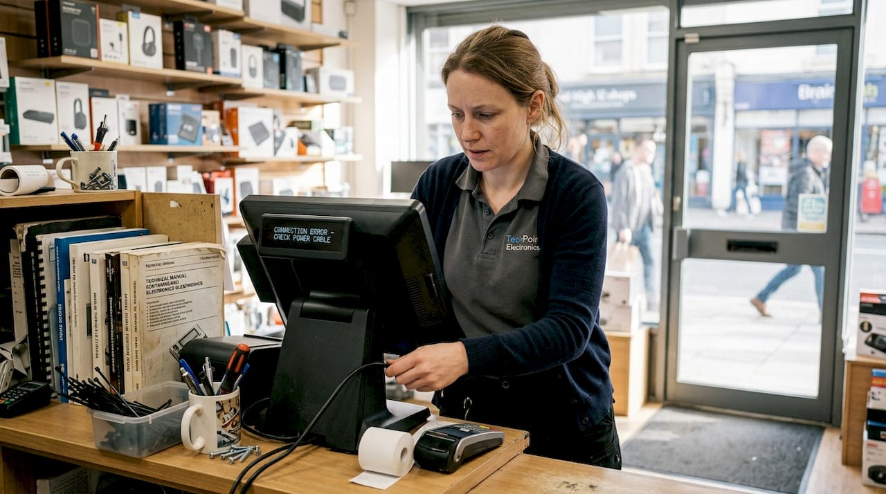 Manager reconnecting cables on POS system