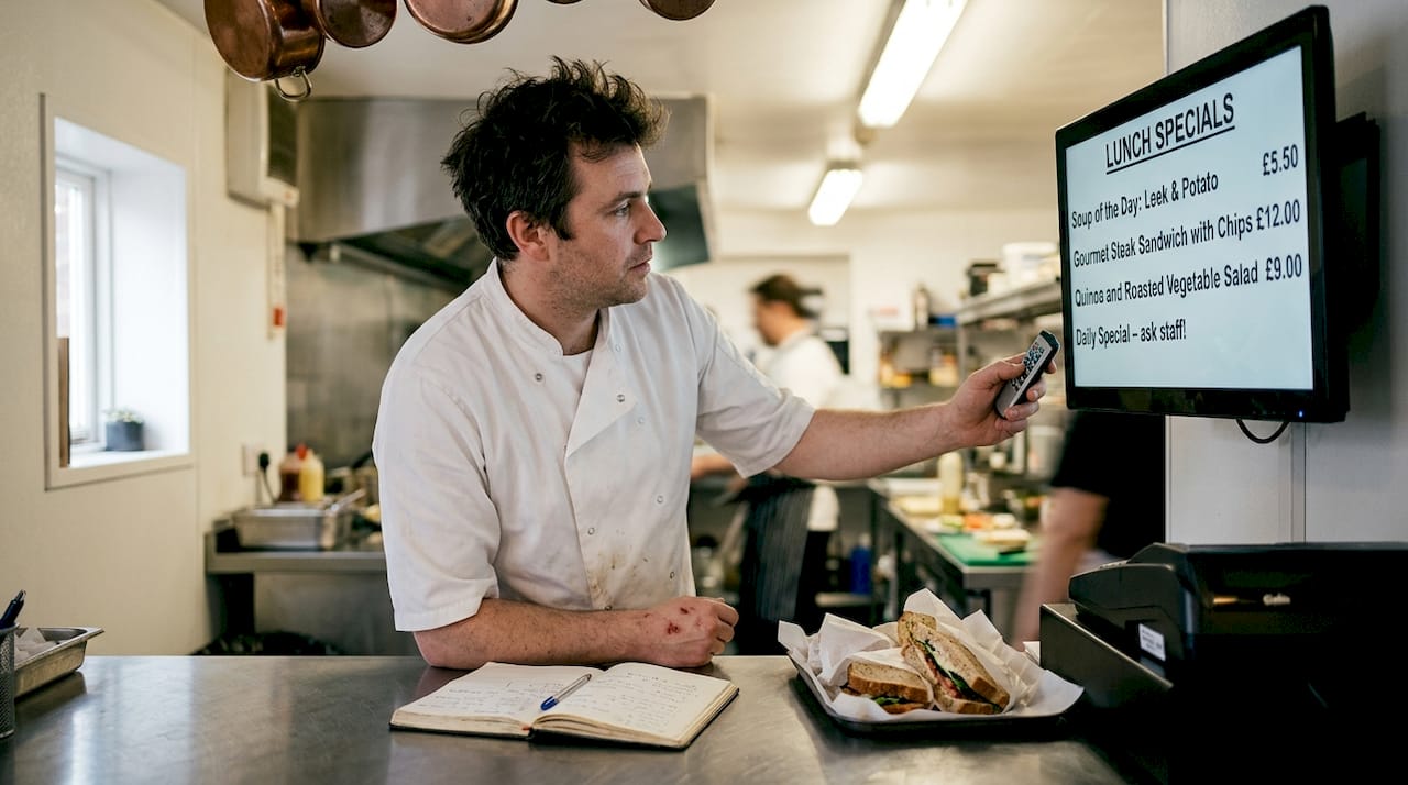Chef updating digital menu board in café kitchen