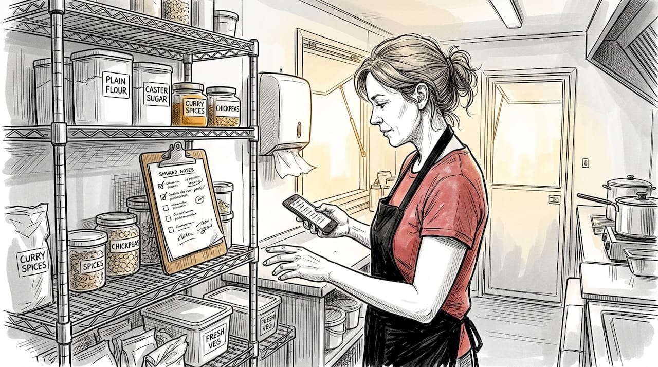 Caterer reviewing inventory on mobile phone