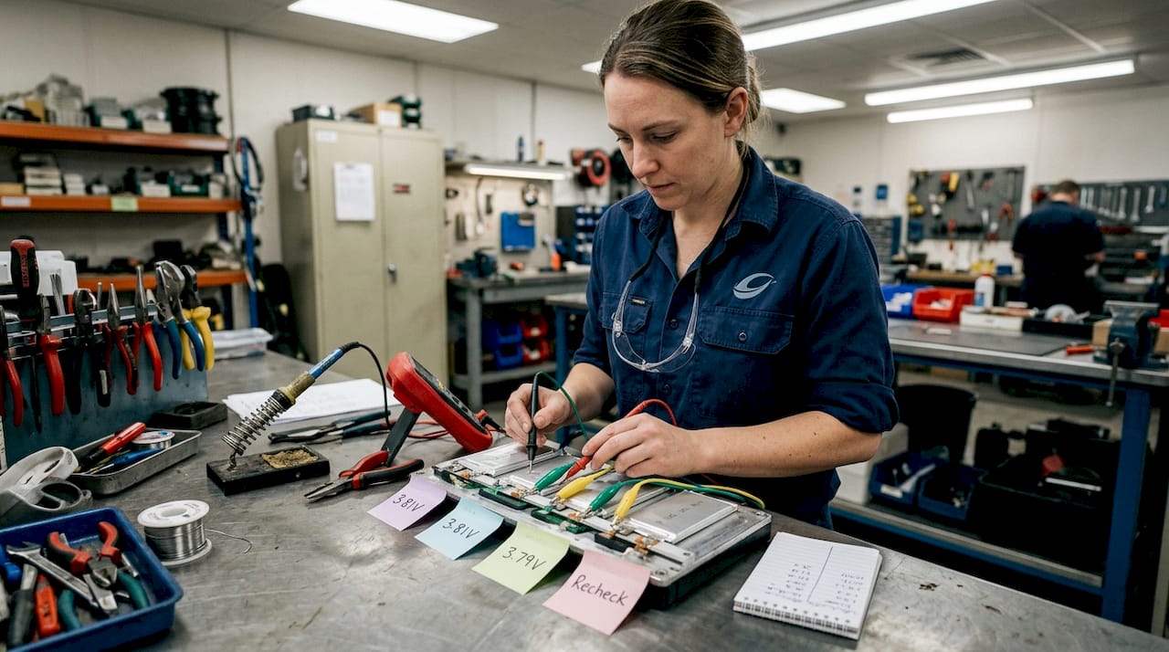 Technician balancing battery cells on workbench