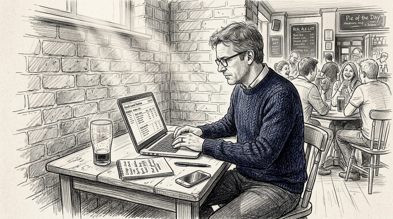 Pub manager reviewing stock on laptop