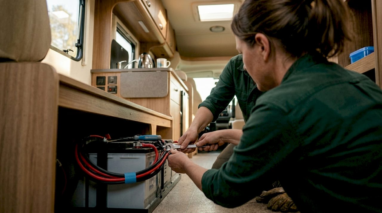 Woman installs battery in motorhome interior
