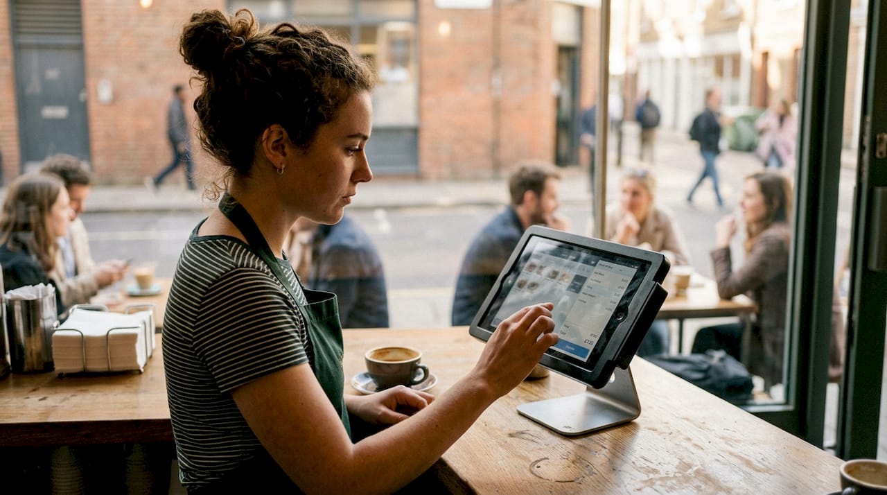 Barista using cloud POS with café details