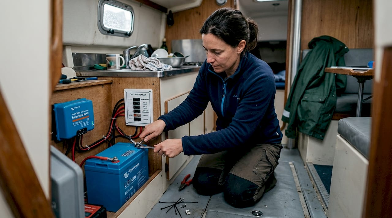 Woman wiring battery and solar controller on boat