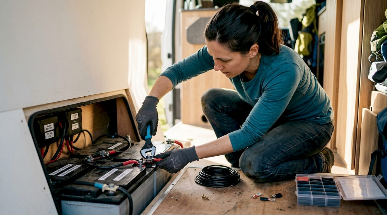 Technician installing battery system in camper