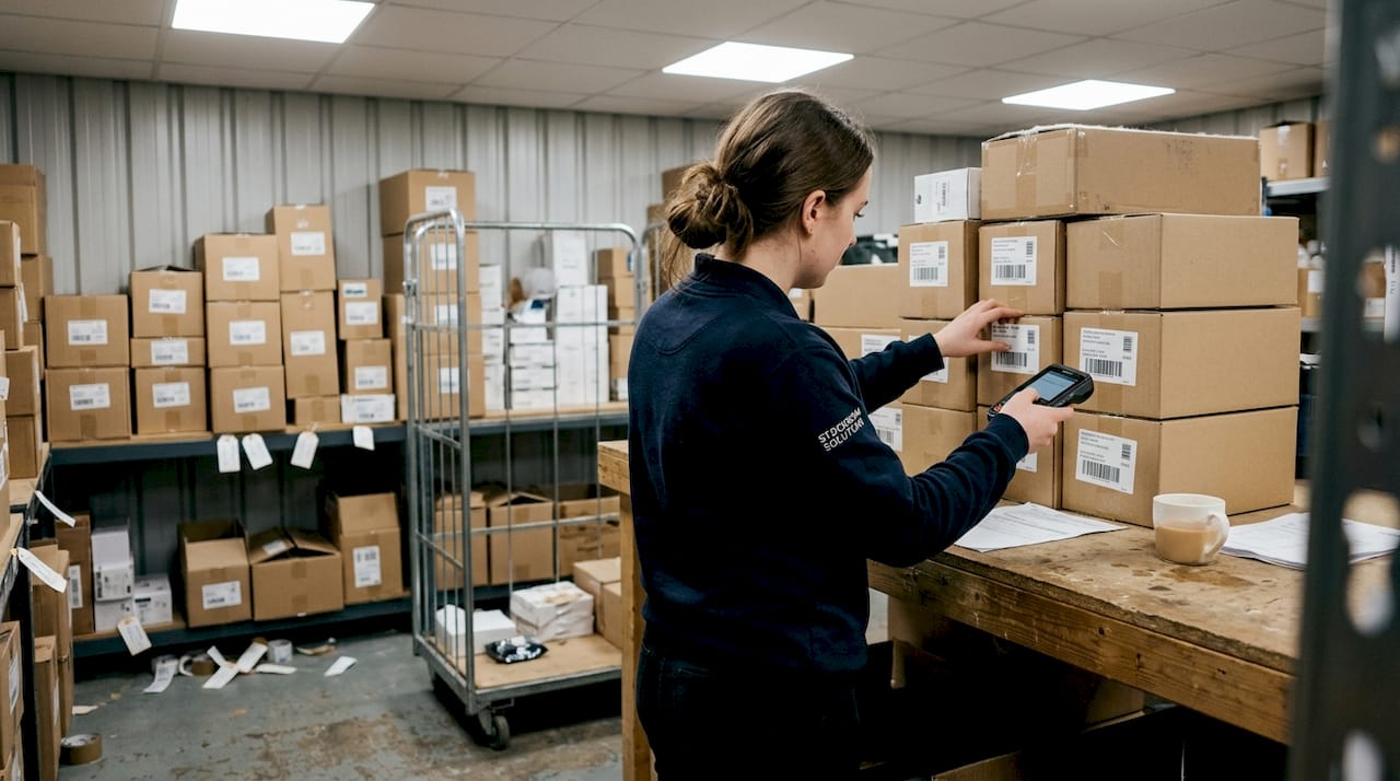 Retail staff using handheld POS for stock check