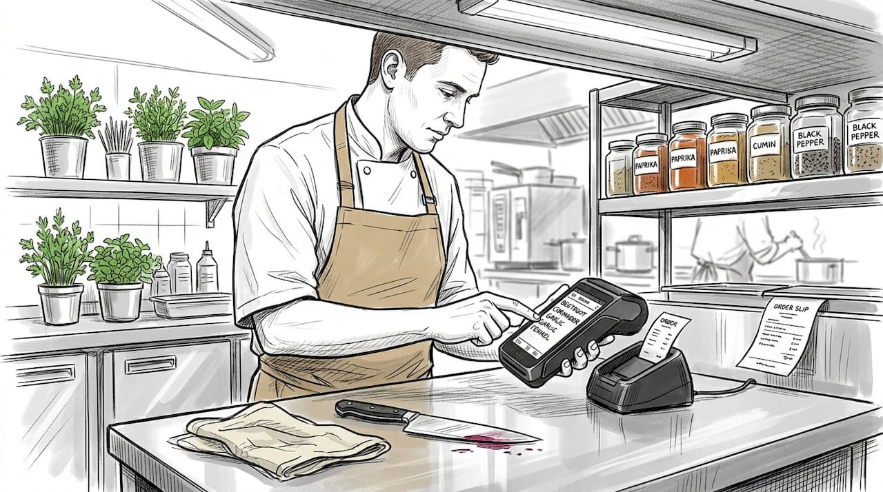 Chef updating inventory on handheld POS in kitchen