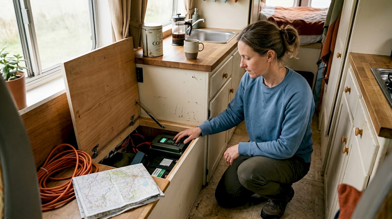 Woman inspecting LiFePO4 battery in campervan bench