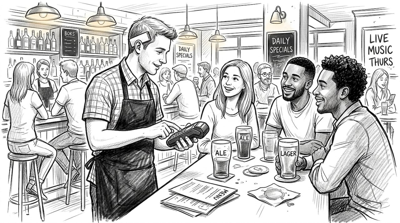 Pub staff entering order during busy service