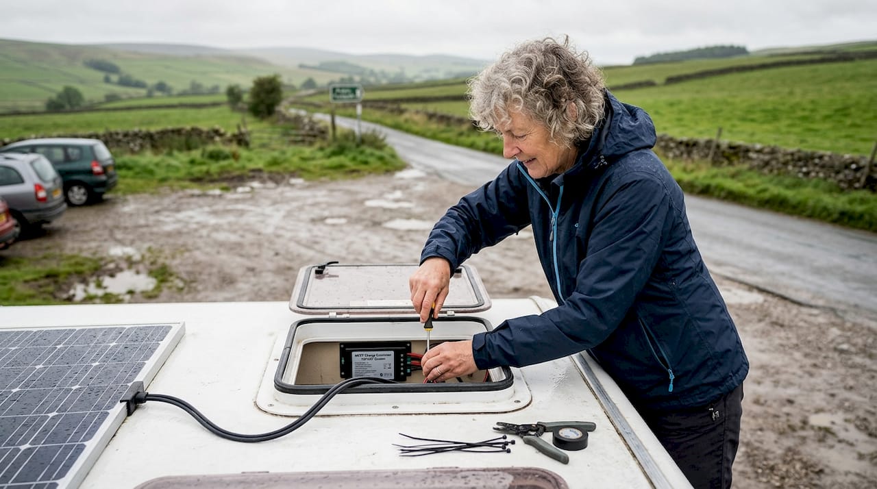 Woman wires motorhome solar panel outdoors