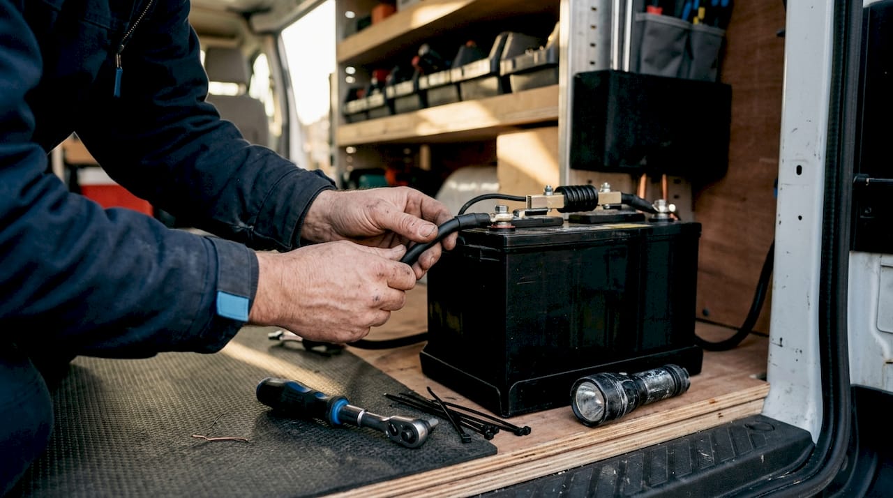 Hands wiring battery shunt in van compartment