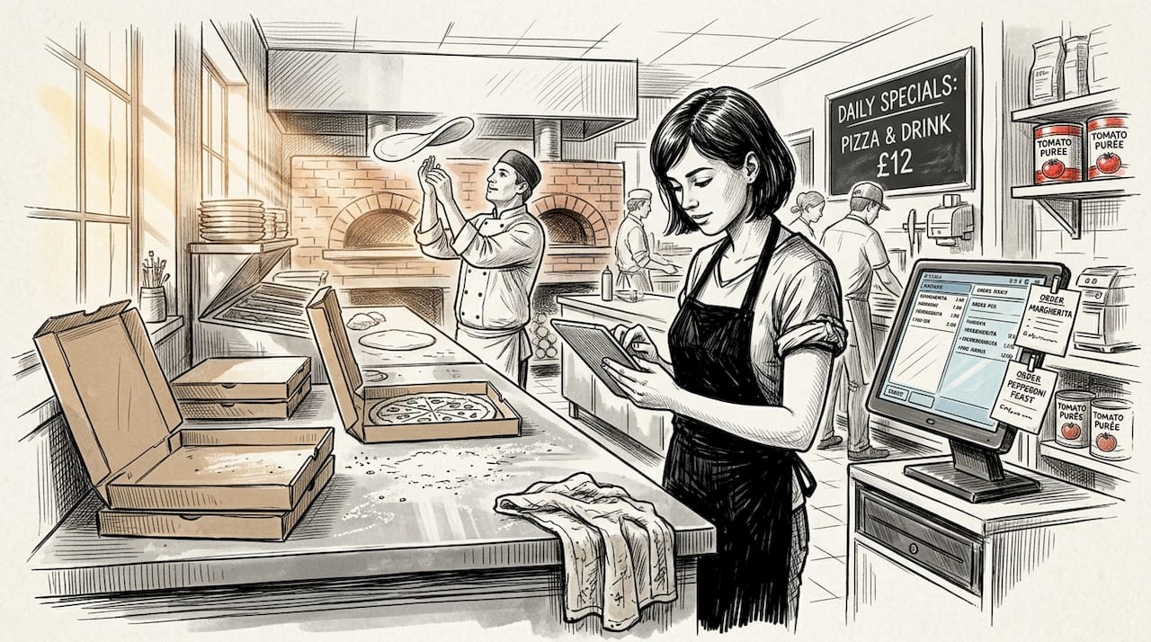 Worker tracking pizzeria inventory digitally