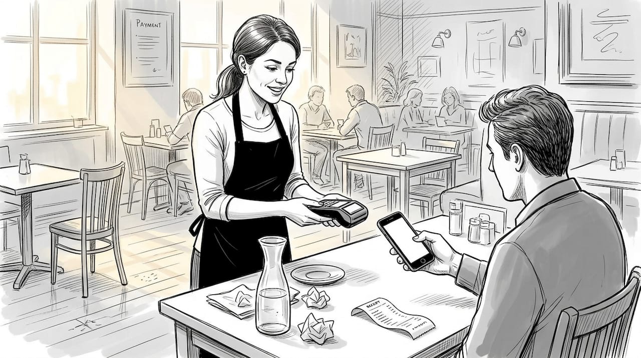 Server taking payment with wireless card reader