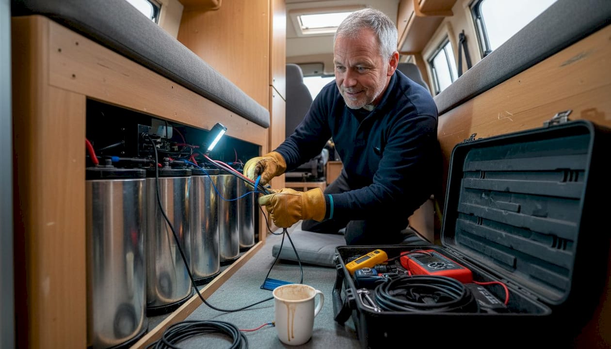 Technician organizing lithium battery in campervan